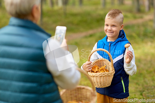 Image of grandmother photographing grandson with mushrooms