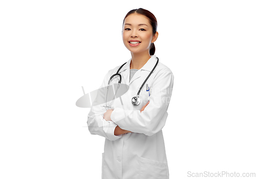 Image of happy smiling asian female doctor in white coat