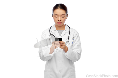 Image of asian female doctor or nurse with smartphone