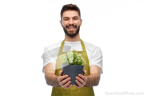 Image of happy smiling male gardener with flower in pot