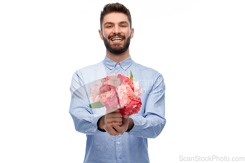 Image of happy smiling man with bunch of flowers