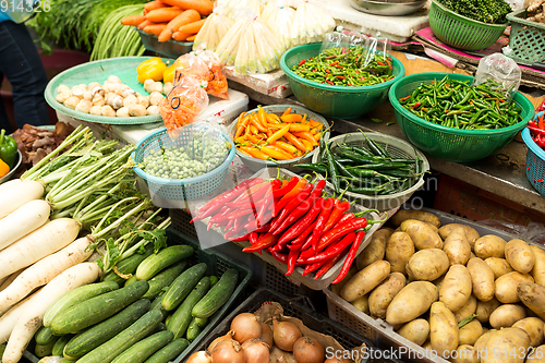 Image of Fruit market with various colorful fresh fruits and vegetables