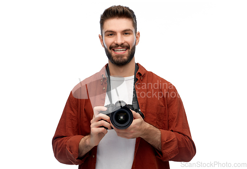 Image of smiling man or photographer with digital camera