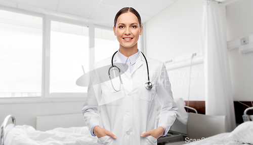 Image of happy smiling female doctor at hospital