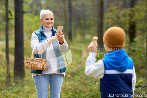 Image of grandmother photographing grandson with mushrooms