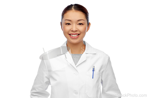 Image of happy smiling asian female doctor in white coat