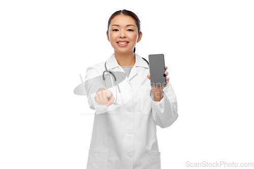 Image of happy asian female doctor or nurse with smartphone