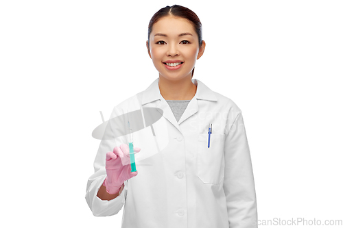 Image of asian female doctor or scientist with syringe