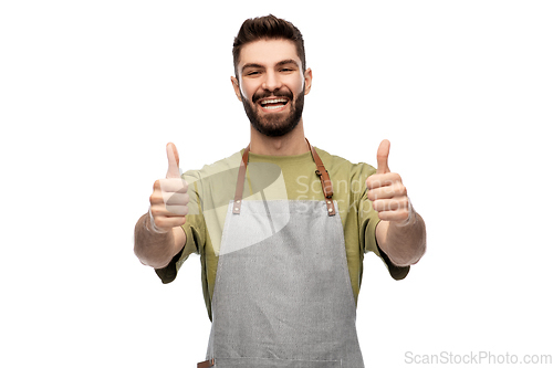 Image of happy smiling barman in apron showing thumbs up