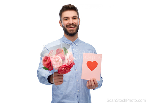 Image of happy man with flowers and valentine's day card