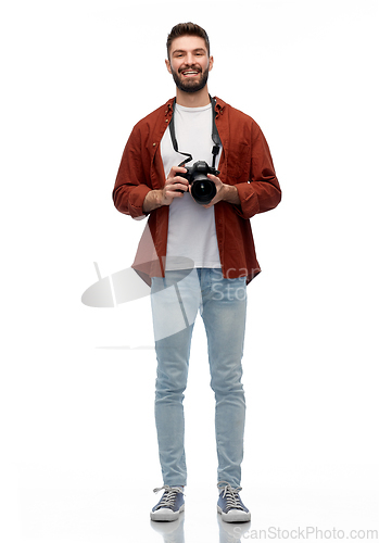 Image of smiling man or photographer with digital camera