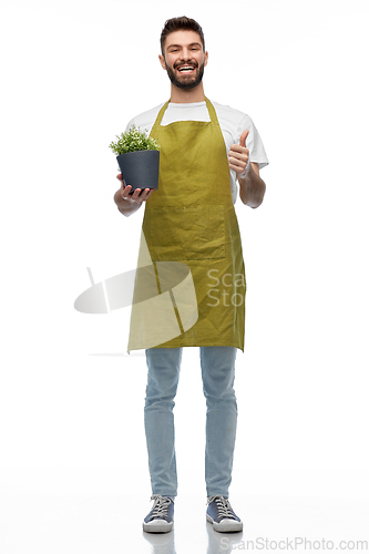 Image of happy male gardener with flower showing thumbs up
