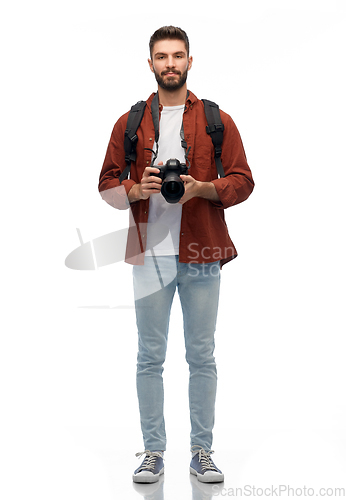 Image of smiling man or photographer with digital camera