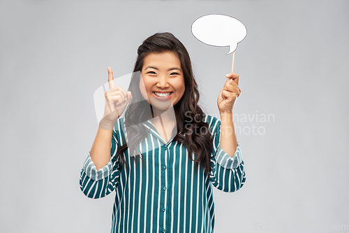 Image of asian woman with speech bubble pointing finger up
