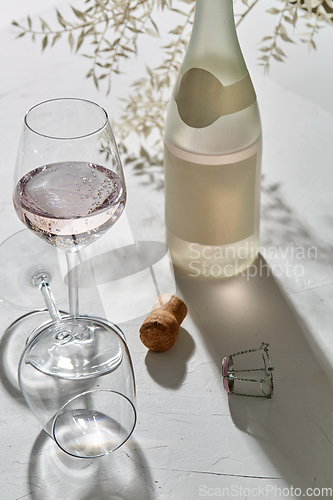 Image of wine glasses and champagne bottle dropping shadows