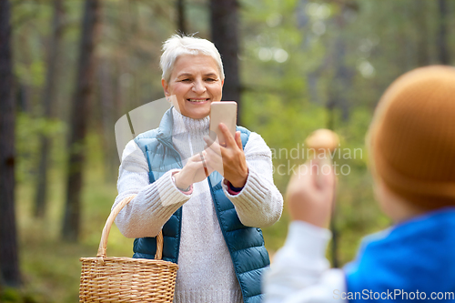 Image of grandmother photographing grandson with mushrooms