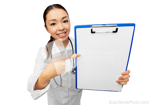 Image of happy smiling asian female doctor with clipboard