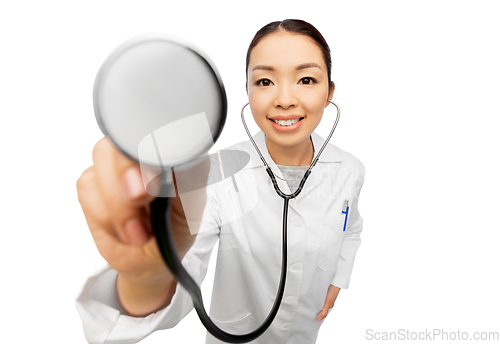 Image of happy smiling asian female doctor with stethoscope