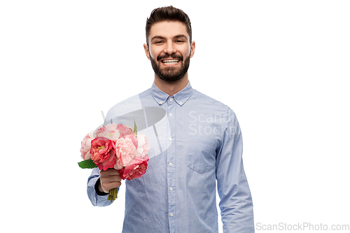 Image of happy smiling man with bunch of flowers