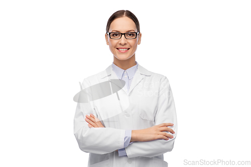 Image of smiling female doctor in glasses and white coat