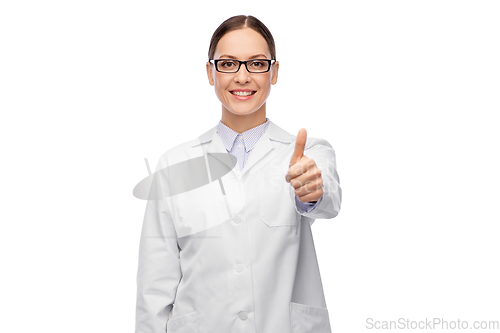 Image of smiling female doctor in glasses showing thumbs up