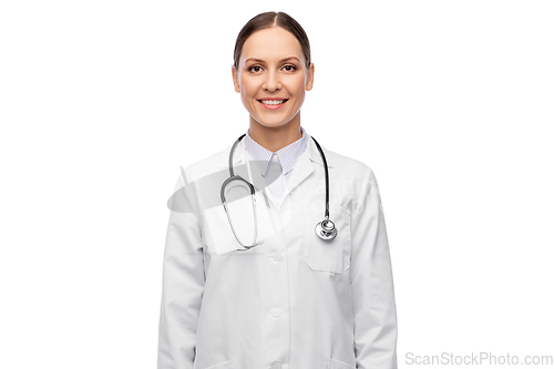Image of happy smiling female doctor in white coat