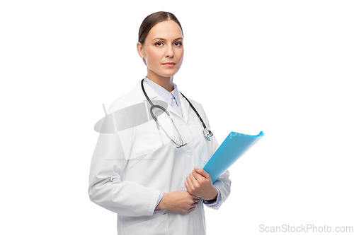 Image of female doctor with folder and stethoscope