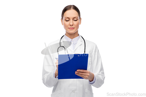 Image of female doctor with clipboard and stethoscope