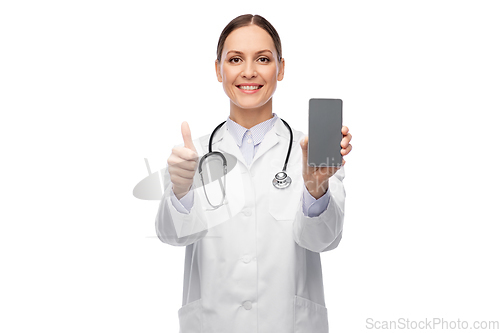 Image of female doctor with smartphone showing thumbs up