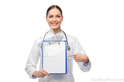 Image of happy smiling female doctor with clipboard