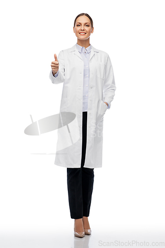 Image of happy female doctor or scientist showing thumbs up