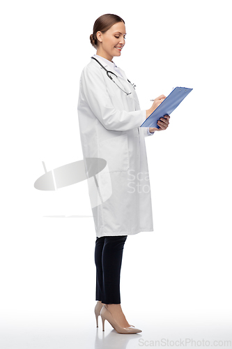 Image of happy smiling female doctor with clipboard