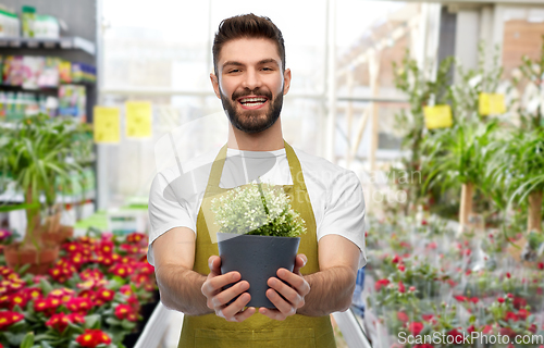 Image of smiling male gardener with flower in pot at shop