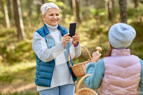 Image of grandma photographing granddaughter with mushrooms