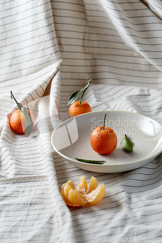 Image of still life with mandarins on plate over drapery