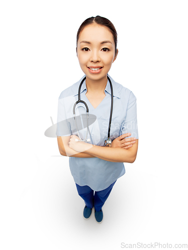 Image of happy smiling asian female doctor or nurse