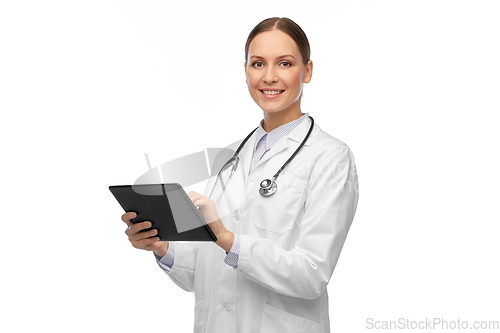 Image of happy female doctor with tablet pc and stethoscope