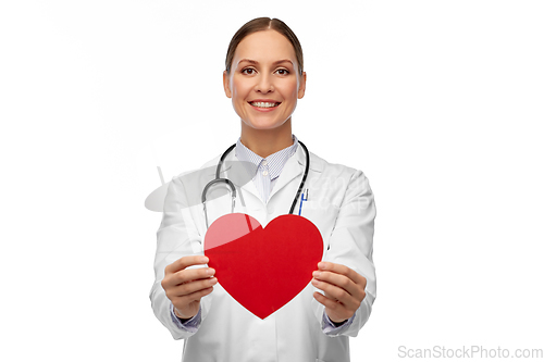 Image of smiling female doctor with heart and stethoscope