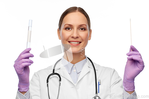 Image of happy female doctor with test tube and cotton swab