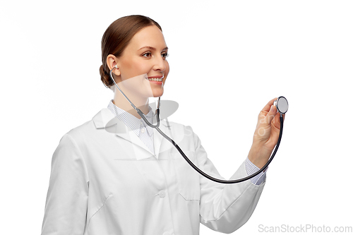 Image of happy smiling female doctor with stethoscope