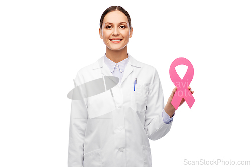 Image of female doctor with breast cancer awareness ribbon