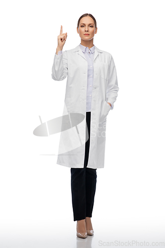 Image of female doctor or scientist pointing finger up