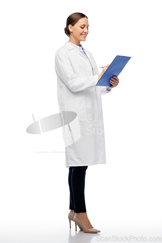 Image of happy smiling female doctor with clipboard