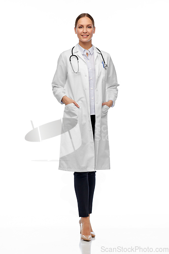 Image of happy smiling female doctor in white coat