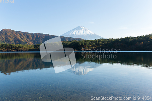 Image of Mt Fuji with reflection on Saiko Lake