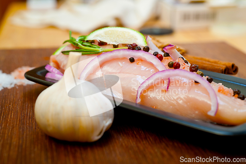 Image of fresh organic chicken breast with herbs and spices