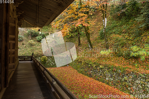 Image of Japanese wooden temple in autumn season