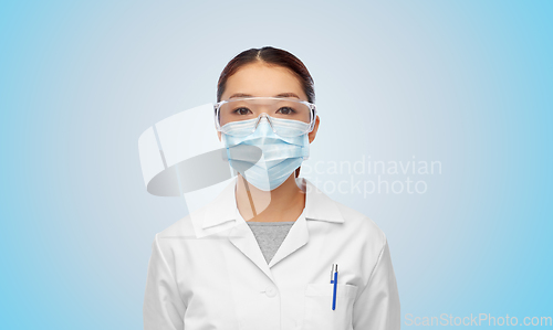 Image of asian female doctor or scientist in medical mask