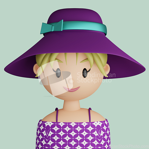 Image of 3D cartoon avatar of pretty woman with sun hat