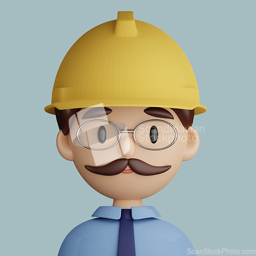 Image of 3D cartoon avatar of engineer man with safety helmet